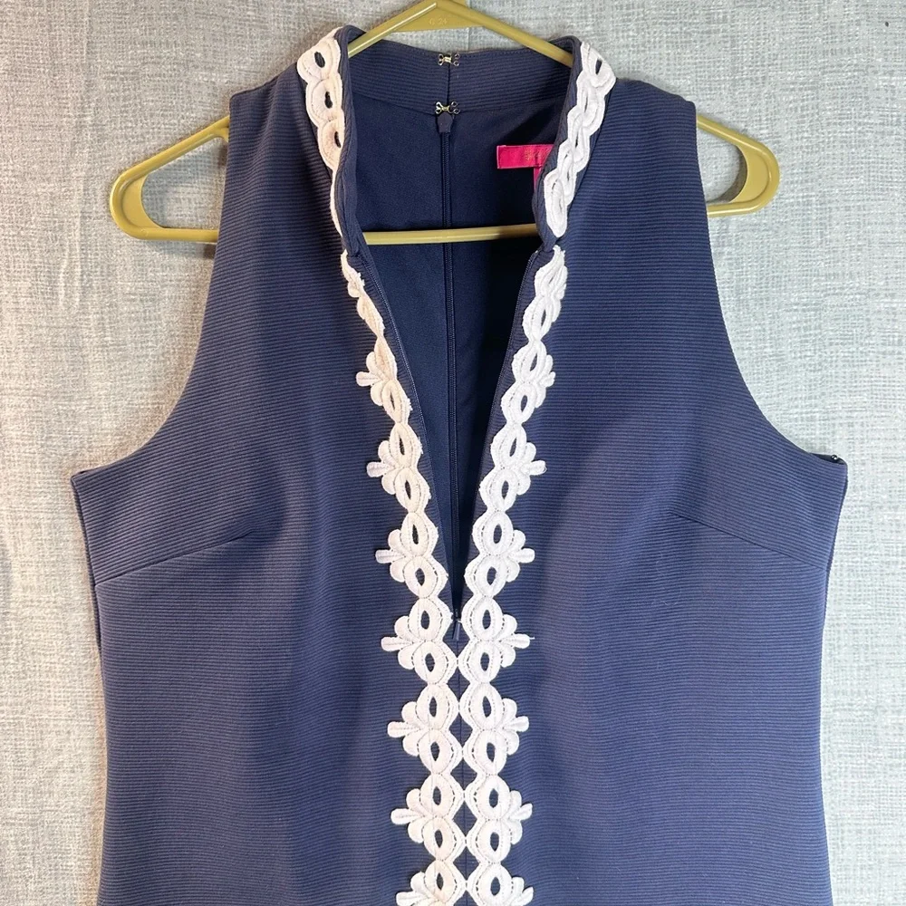 Lilly Pulitzer Callista Shift Dress Navy Blue White Lace High Neck Mini 2zippers - Picture 2 of 12